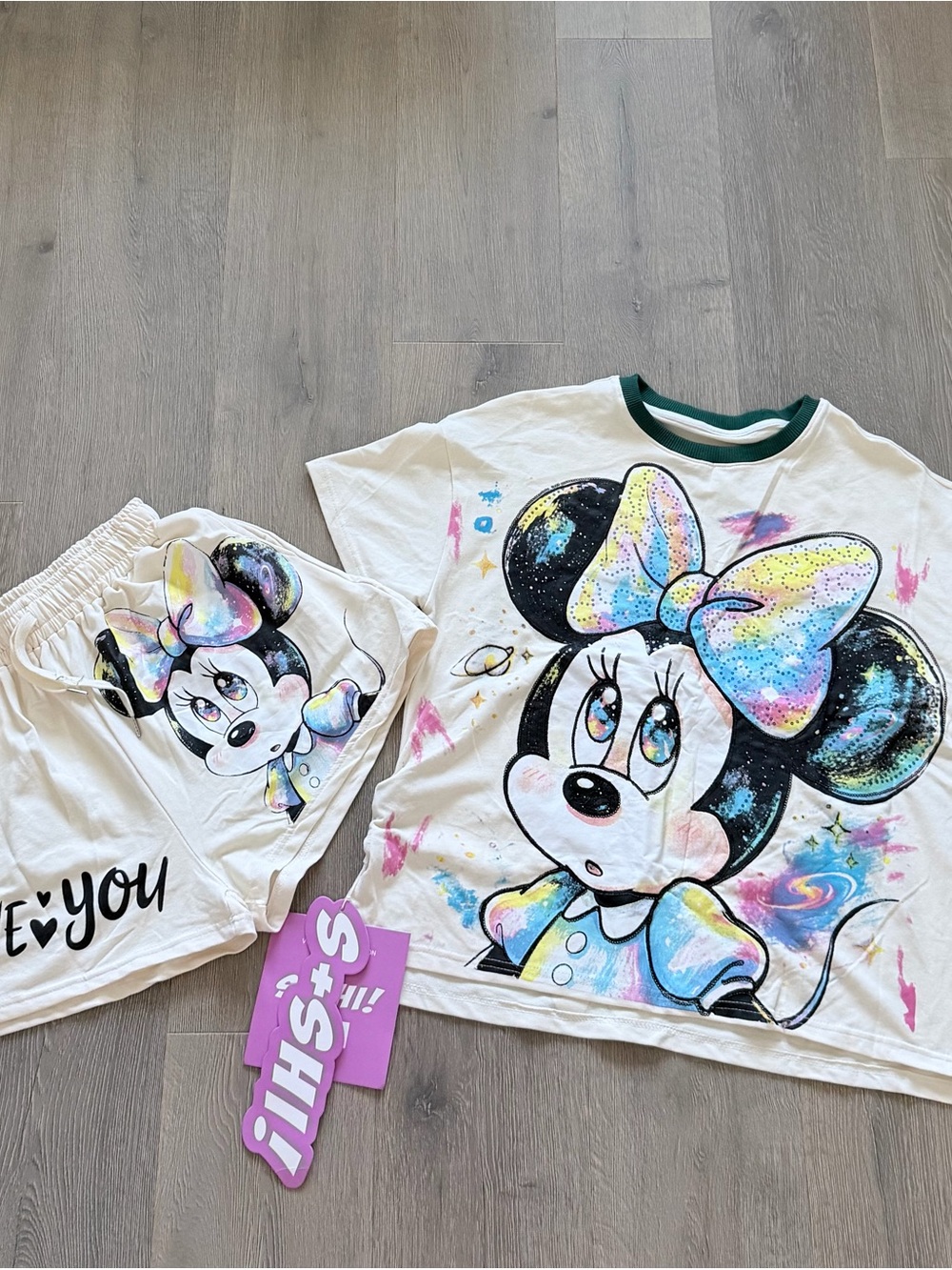 Oversized Cream Minnie Mouse Galaxy Sequin Two-Piece Short Set 💖✨